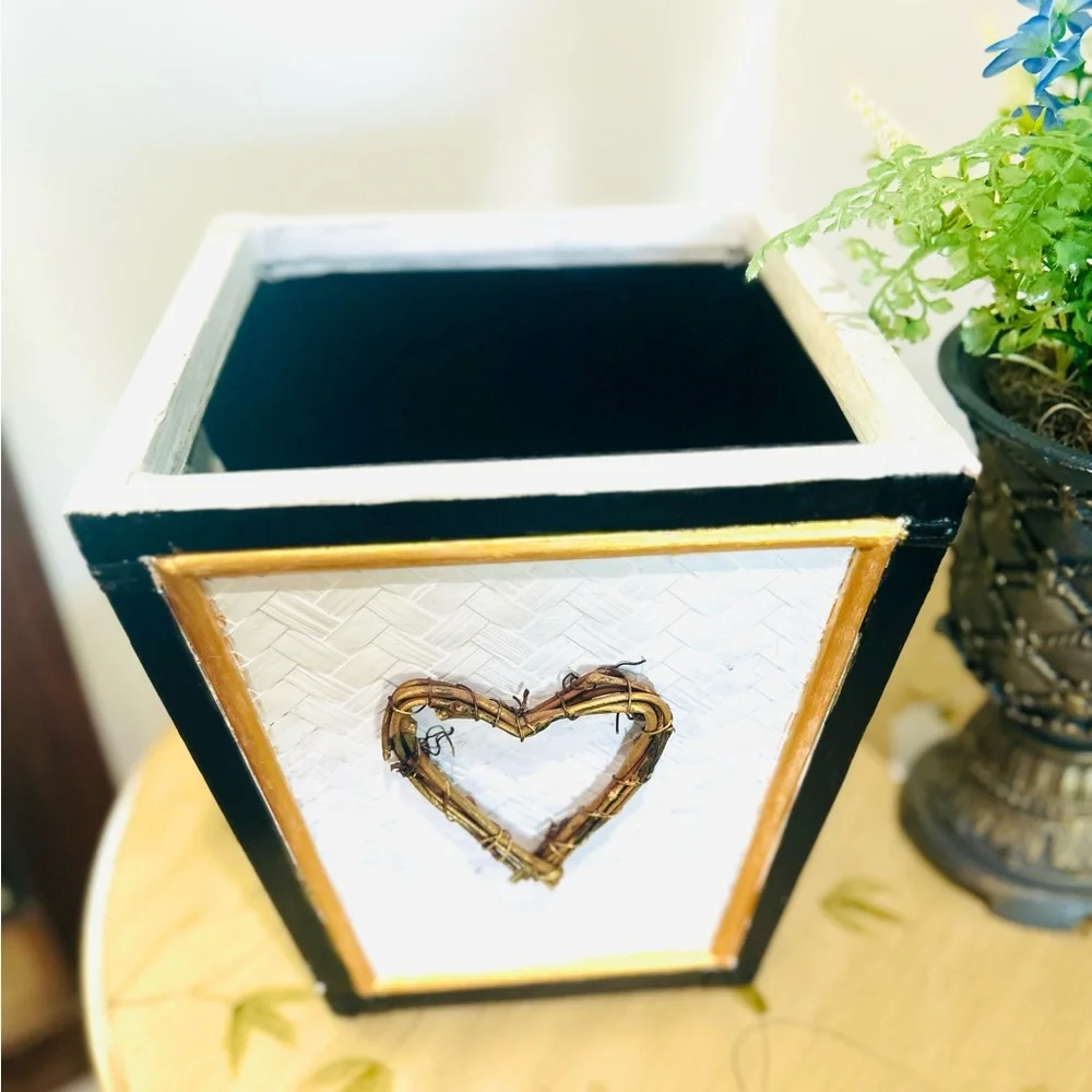 Black White & Gold Wood Indoor or Outdoor Planter or Waste Basket or Storage Bin - Picture 3 of 8